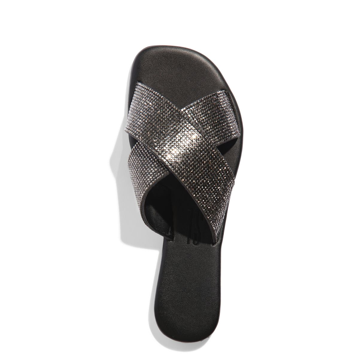 Rasteira Preta com Tiras Grossas de Strass Preto
